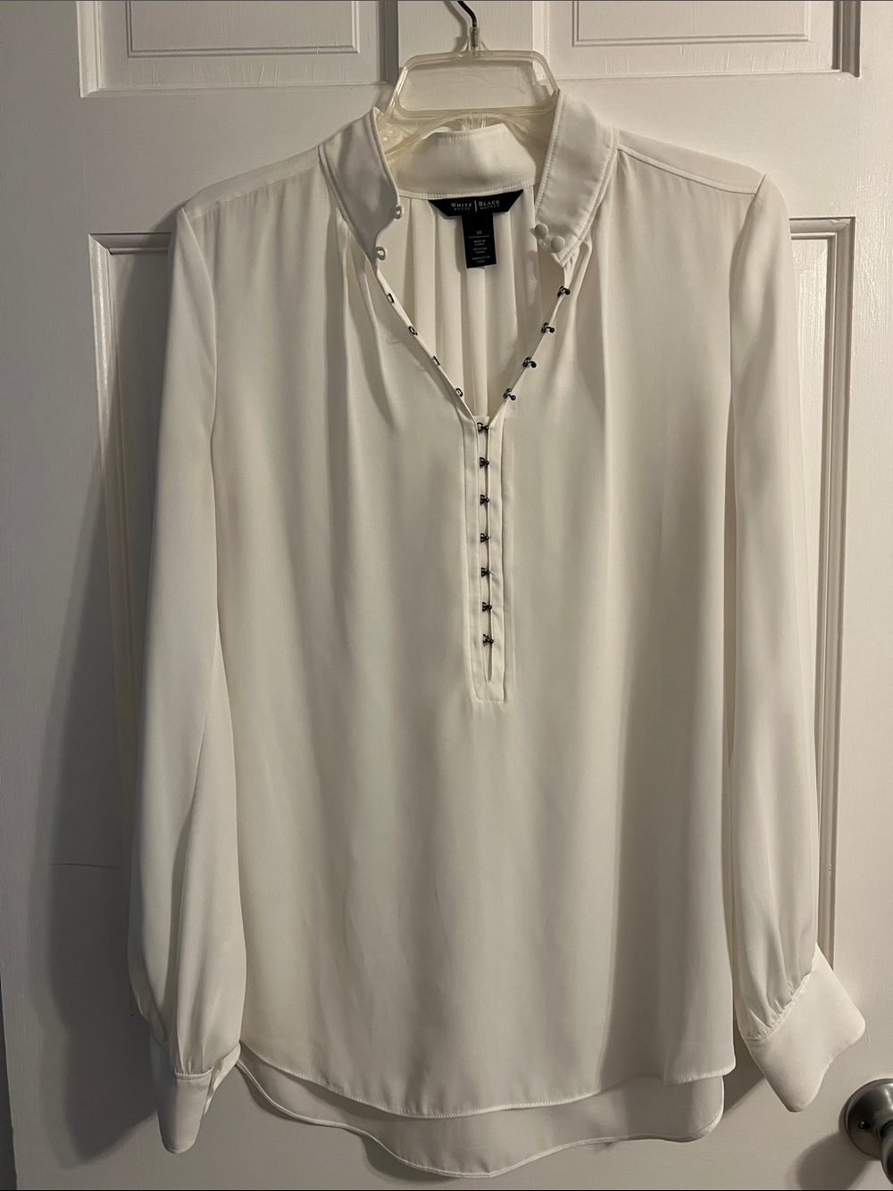 White House Black Market White V-Henley Blouse with Metal Stud Trim